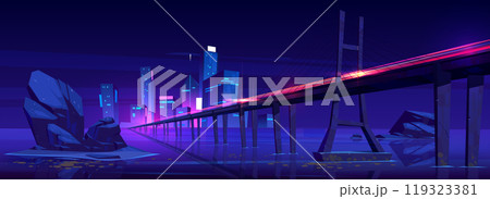 Neon city light and speed bridge road above sea 119323381