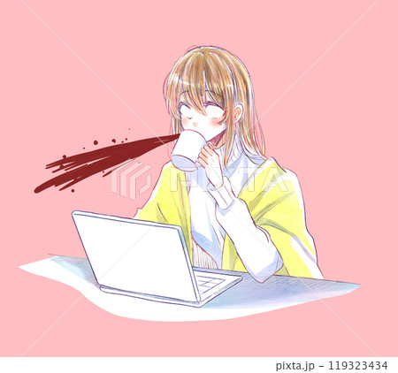 パソコンを操作しながら白目の女性 飲み物を吹き出す パソコンを操作しながら白目の女性 飲み物を吹き出す 119323434