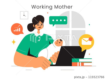 Working Mother Vector Illustration featuring a Mother who Juggles Work and Childcare at Home, Multitasking in a Flat Style Cartoon Background Working Mother Vector Illustration featuring a Mother who Juggles Work and Childcare at Home, Multitasking in a Flat Style Cartoon Background 119323766