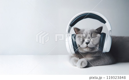 Portrait of a gray cat wearing wireless headphones on a gray background 119323848