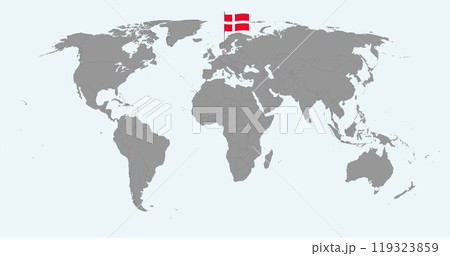 Pin map with Denmark flag on world map. Vector illustration. Pin map with Denmark flag on world map. Vector illustration. 119323859