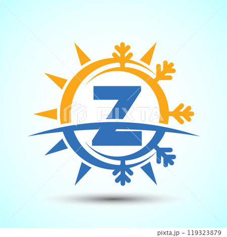 Initial alphabet with abstract sun and snow. Air conditioner logo sign, Hot and cold symbol Initial alphabet with abstract sun and snow. Air conditioner logo sign, Hot and cold symbol 119323879