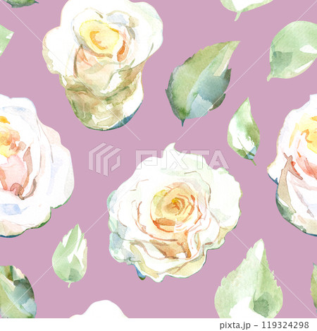 Seamless pattern of white roses with green leaves in collection garden flowers. Watercolor illustration for floral design of fabrics, kitchen towel, textiles, weaving, wallpaper, wrapping paper. Hand Seamless pattern of white roses with green leaves in collection garden flowers. Watercolor illustration for floral design of fabrics, kitchen towel, textiles, weaving, wallpaper, wrapping paper. Hand 119324298