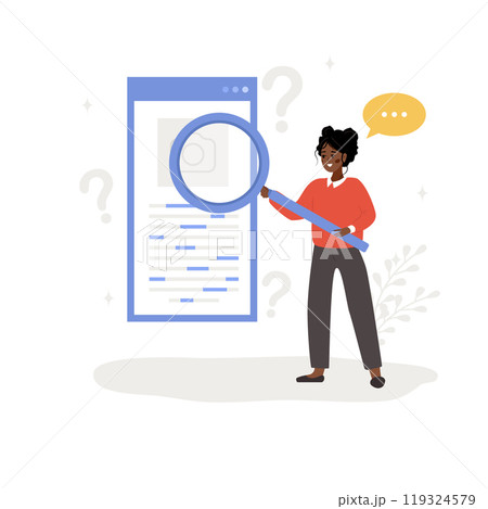 Lsi keyword. Latent Semantic Indexing. SEO concept. Vector illustration in flat cartoon style. African female character with magnifier is engaged in Web analysis and word search optimization 119324579