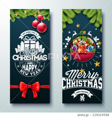 Merry Christmas and Happy New Year Banner Design Set with Gold Glass Ball, Star and Fir Branch on Black Background. Vector Holiday Season Illustration for Greeting Card, Party Flyer, Celebration 119324580