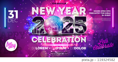 Happy New Year 2025 Party Celebration Banner Template Illustration with Shiny Disco Ball and 3d Typography Lettering on Firework Background. Vector New Year Eve Holiday Design. Premium Invitation Happy New Year 2025 Party Celebration Banner Template Illustration with Shiny Disco Ball and 3d Typography Lettering on Firework Background. Vector New Year Eve Holiday Design. Premium Invitation 119324582