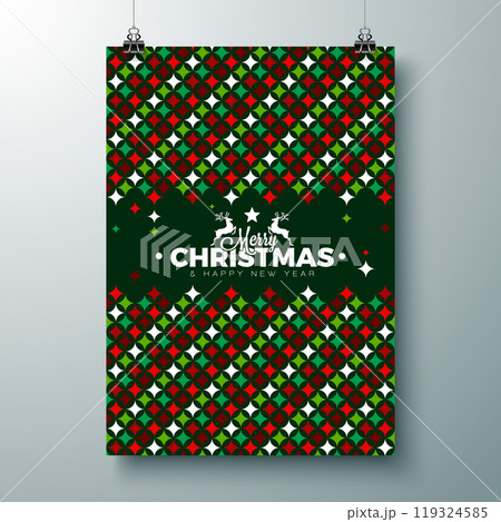 Merry Christmas and Happy New Year Illustration with Typography Letter, Red and Green Pattern on Green Background. Vector Holiday Season Banner Design for Greeting Card, Party Flyer, Celebration 119324585