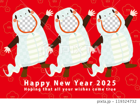 Vector illustration for New Year's cards for the Year of the Snake (for three people in white snake costumes) that can be fitted with a photo face 119324732