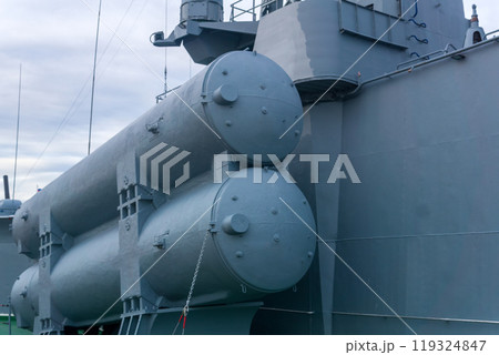 naval military background, concept, fragment of a modern warship with missile launcher containers 119324847
