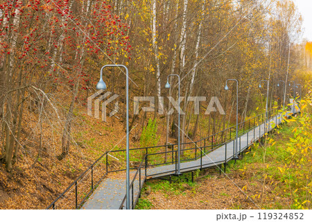 metal bridges with lanterns on an eco-trail in an autumn mountain forest 119324852