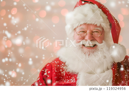 Happy smiling Santa Claus on blurred snowy background  119324956