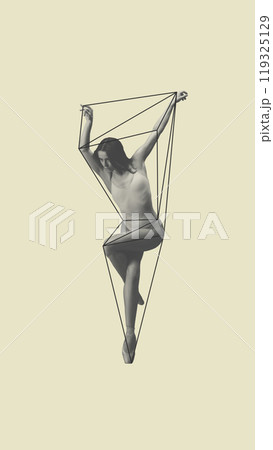 Elegant young woman, ballerina dancing on pastel yellow background with geometric elements. Contemporary art collage. Elegant young woman, ballerina dancing on pastel yellow background with geometric elements. Contemporary art collage. 119325129