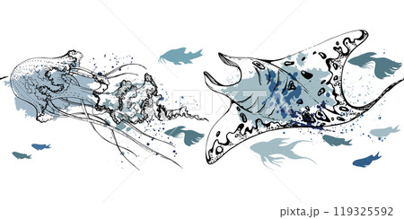 Marine life, sea ocean underwater creatures fish, shells algae seaweed, Ink and pen sketch hand drawn. Seamless banner illustration, stylized, isolated on white. For zoo shop, aquarium, fabric decor Marine life, sea ocean underwater creatures fish, shells algae seaweed, Ink and pen sketch hand drawn. Seamless banner illustration, stylized, isolated on white. For zoo shop, aquarium, fabric decor 119325592
