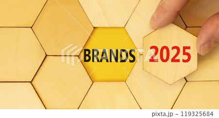 Planning brands 2025 new year symbol. Concept words Brands 2025 on beautiful wooden puzzle. Beautiful wooden background. Businessman hand. Business brands 2025 new year concept. Copy space. 119325684