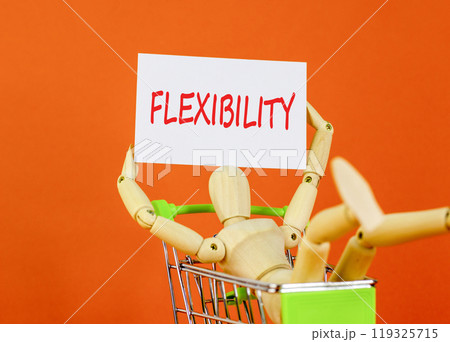Flexibility symbol. Concept word Flexibility on beautiful white paper. Beautiful orange background. Businessman model in shop cart. Business flexibility concept. Copy space. Flexibility symbol. Concept word Flexibility on beautiful white paper. Beautiful orange background. Businessman model in shop cart. Business flexibility concept. Copy space. 119325715