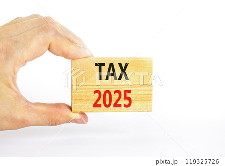 Planning tax 2025 new year symbol. Concept words Tax 2025 on beautiful wooden blocks. Beautiful white background. Businessman hand. Business tax 2025 new year concept. Copy space. Planning tax 2025 new year symbol. Concept words Tax 2025 on beautiful wooden blocks. Beautiful white background. Businessman hand. Business tax 2025 new year concept. Copy space. 119325726