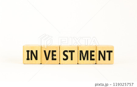 Investment symbol. Concept word Investment on beautiful wooden blocks. Beautiful white background. Business investment concept. Copy space. Investment symbol. Concept word Investment on beautiful wooden blocks. Beautiful white background. Business investment concept. Copy space. 119325757