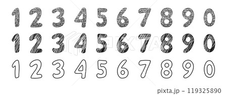 Doodle number, set numeric outline comic figure. 1 to 0 hand drawn numbers. Sketch marker stroke. 119325890