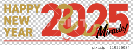 2025年をイメージしたシルエットの巳とhappy new yearの年賀状_横長 2025年をイメージしたシルエットの巳とhappy new yearの年賀状_横長 119326084