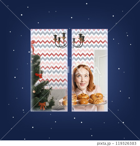 Contemporary art collage. Woman looks delighted, through window, holding tray of fresh pastries, ready for holiday season. 119326383