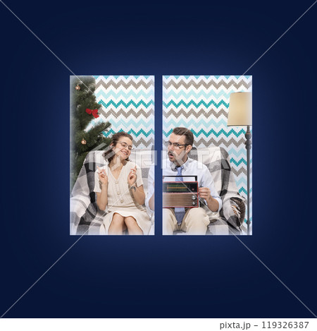 Contemporary art collage. View through window, couple shares moment listening to vintage radio, wrapped in blankets in cozy living room. 119326387