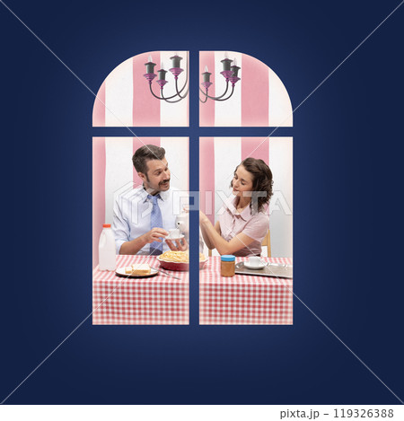 Contemporary art collage. Couple enjoys breakfast together in charming retro kitchen, their morning lit by warm sunlight, view through window. 119326388