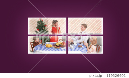 Contemporary art collage. Family gathered around dining table with Christmas decorations, framed through window, sharing joyful holiday meal. Contemporary art collage. Family gathered around dining table with Christmas decorations, framed through window, sharing joyful holiday meal. 119326401