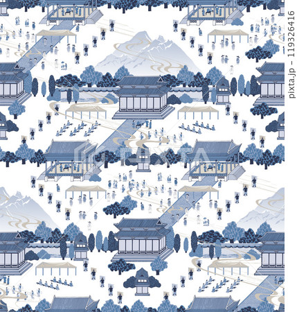 Seamless Indigo Pattern Illustration Depicting Historical Korean Events and Landscapes 119326416