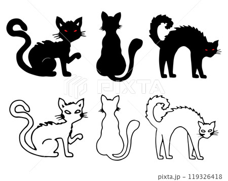 Set of cat silhouettes. Black and white outline drawing for Halloween. Hand drawn graphic clipart. Cute pets. Illustration of animals in different poses for holiday design. Simple doodle style. Set of cat silhouettes. Black and white outline drawing for Halloween. Hand drawn graphic clipart. Cute pets. Illustration of animals in different poses for holiday design. Simple doodle style. 119326418