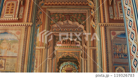 Jaipur, Rajasthan, India. Patrika Gate at Jawahar Circle. Interior inside, many Colorful ornament patterns on old walls. old Pink city 119326783