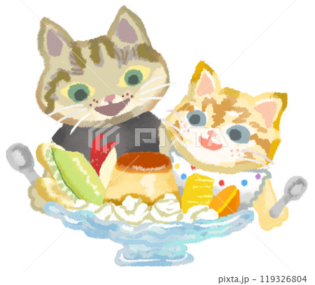 プリンアラモードを喜ぶ猫の親子 119326804