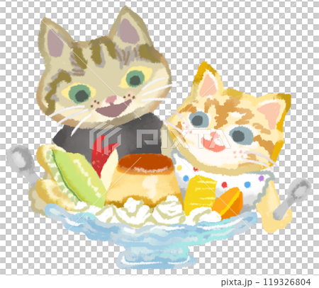 プリンアラモードを喜ぶ猫の親子 119326804