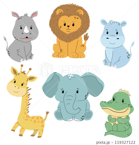 Safari childrens animals set in flat style isolated on white background, vector illustration. 119327122