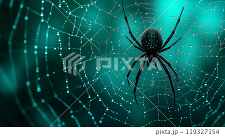 Spider web after rain with drops and black spider on dark teal background 119327154