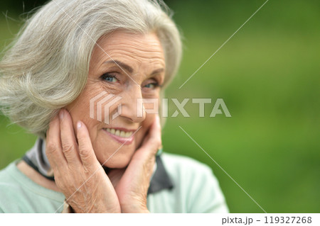 Portrait of a beautiful woman in the park in summer Portrait of a beautiful woman in the park in summer 119327268