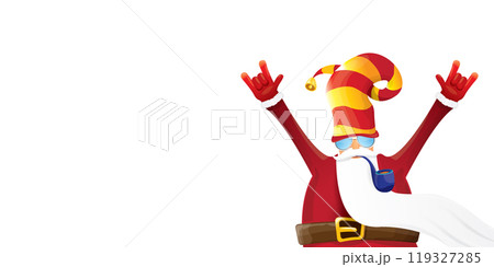 vector cool rock n roll santa claus with smoking pipe, santa beard and funky hat isolated on transparent horizontal banner background with snowflakes. Horizontal Christmas hipster party poster vector cool rock n roll santa claus with smoking pipe, santa beard and funky hat isolated on transparent horizontal banner background with snowflakes. Horizontal Christmas hipster party poster 119327285