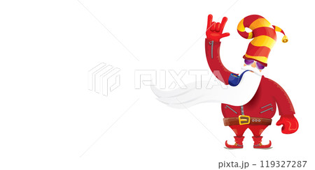 vector cool rock n roll santa claus with smoking pipe, santa beard and funky hat isolated on transparent horizontal banner background with snowflakes. Horizontal Christmas hipster party poster 119327287