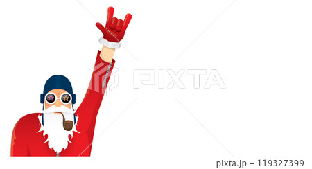 vector cool rock n roll santa claus with smoking pipe, santa beard and funky hat isolated on transparent horizontal banner background with snowflakes. Horizontal Christmas hipster party poster vector cool rock n roll santa claus with smoking pipe, santa beard and funky hat isolated on transparent horizontal banner background with snowflakes. Horizontal Christmas hipster party poster 119327399