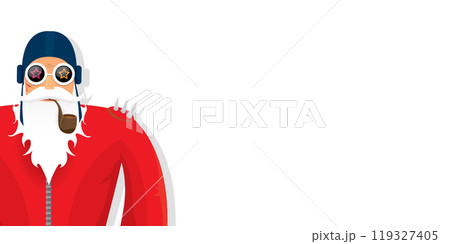 vector cool rock n roll santa claus with smoking pipe, santa beard and funky hat isolated on transparent horizontal banner background with snowflakes. Horizontal Christmas hipster party poster 119327405