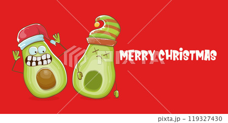 Merry chirstmas vector funky greeting horizontal banner or card with santa claus avocado character and his elf friend on red background. Vector funny christmas party poster design template Merry chirstmas vector funky greeting horizontal banner or card with santa claus avocado character and his elf friend on red background. Vector funny christmas party poster design template 119327430