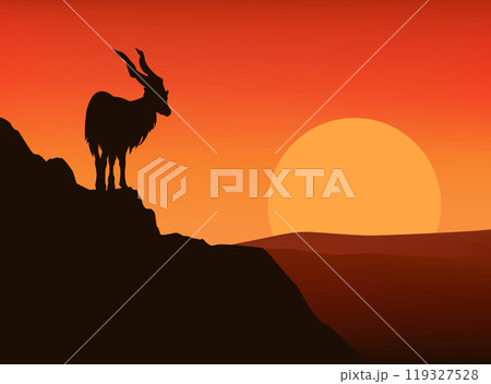 markhor mountain goat climbing cliff at sunset vector silhouette lanscape 119327528