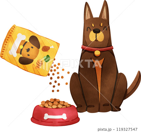 A big brown dog is waiting to eat kibble, hand drawn watercolor painting 119327547