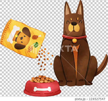 A big brown dog is waiting to eat kibble, hand drawn watercolor painting 119327547