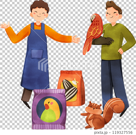 Pet food salesman and bird and squirrel breeder, hand drawn watercolor painting 119327556