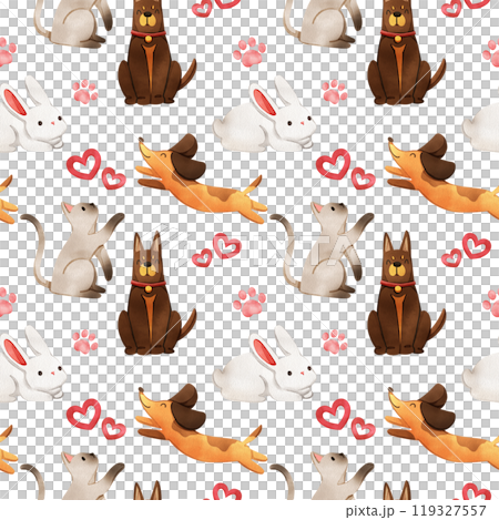 Dog, cat, rabbit, heart love, dog paw prints, hand drawn watercolor, seamless pattern design 119327557