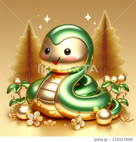 New Year 2025 zodiac symbol of snake with Japanese new year elements including pine, plum and bamboo trees in 3D and metallic style 119327608
