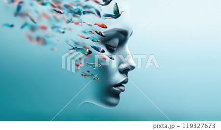 A serene woman\'s profile merges with colorful fish and a hummingbird, evoking a sense of freedom and underwater wonder. 119327673