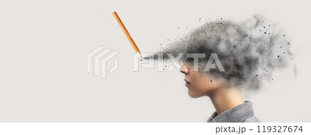 A child\'s head transforms into clouds of creativity, as a pencil brings ideas to life, merging thought with whimsical visions. 119327674