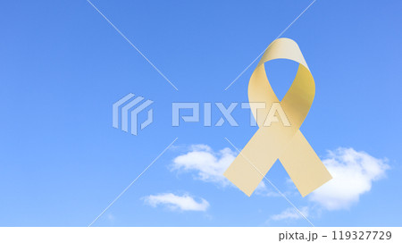 Yellow ribbon, symbolizing bone cancer awareness. The ribbon represents hope and unity, raising awareness and support for those affected by cancer, fostering understanding and prevention. 119327729