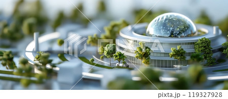 A sleek and modern architectural design showcases a circular building surrounded by lush greenery in an innovative urban landscape. 119327928